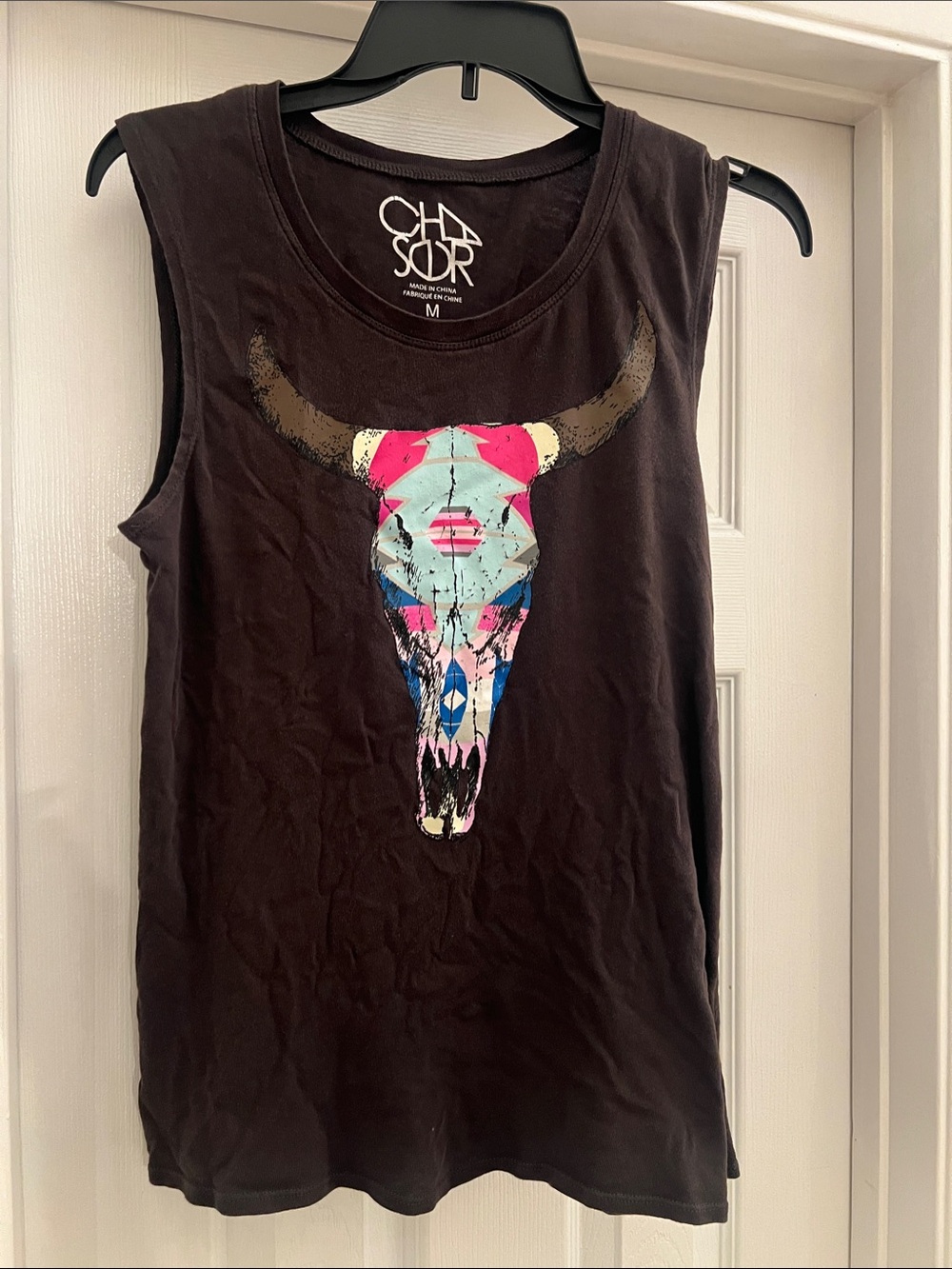 Chaser Black Sleeveless Tank with Colorful Bull Skull Graphic